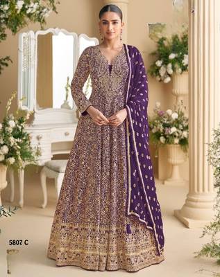 Violet georgette free size stitched anarkali suit with sequin & diamond  1