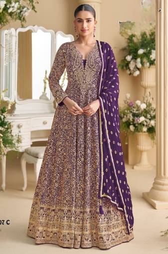Violet georgette free size stitched anarkali suit with sequence & diamond work
