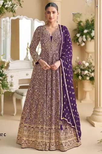 Violet georgette free size stitched anarkali suit with sequence & diamond work