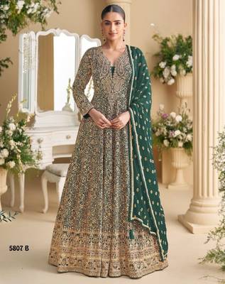 D green georgette free size stitched anarkali suit with sequin & diamond  1