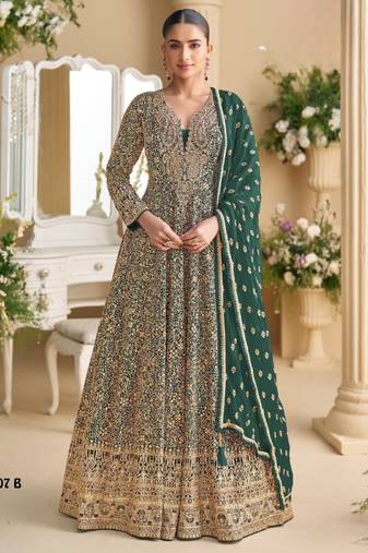 D green georgette free size stitched anarkali suit with sequence & diamond work