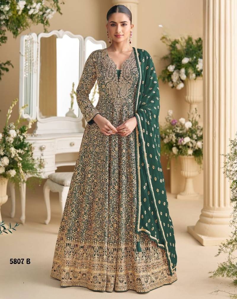 D green georgette free size stitched anarkali suit with sequence & diamond work