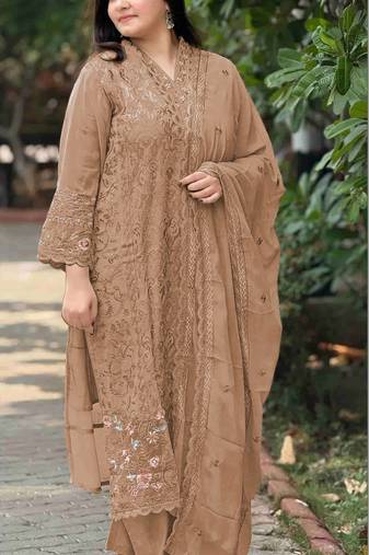 Brown fox georgette semi stitched suit with embroidery & sequence work