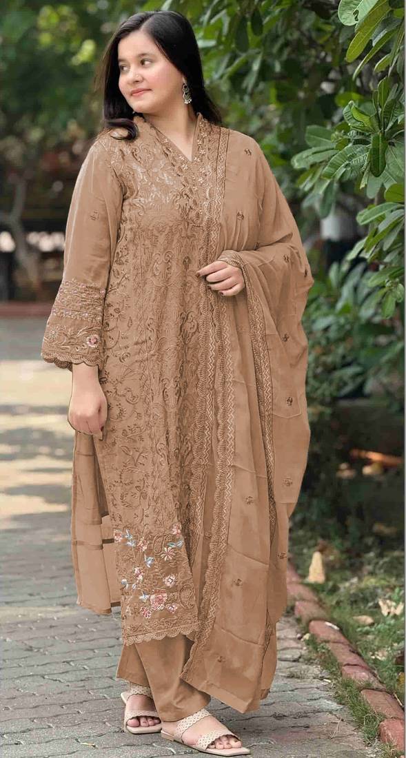 Brown fox georgette semi stitched suit with embroidery & sequence work