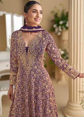 Violet georgette free size stitched anarkali suit with sequin & diamond  2