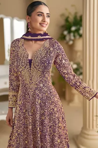 Violet georgette free size stitched anarkali suit with sequin & diamond 