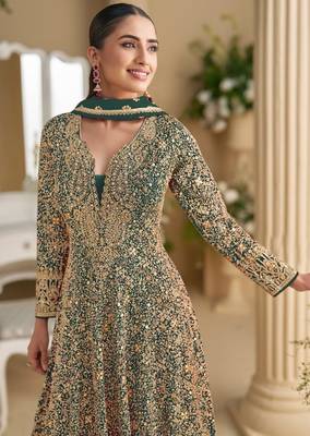 D green georgette free size stitched anarkali suit with sequin & diamond  2