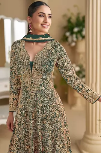 D green georgette free size stitched anarkali suit with sequin & diamond 