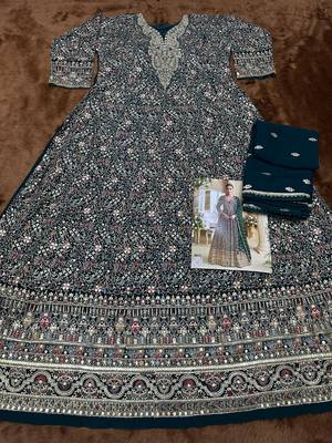 D green georgette free size stitched anarkali suit with sequin & diamond  3