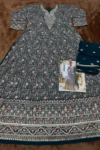 D green georgette free size stitched anarkali suit with sequin & diamond 