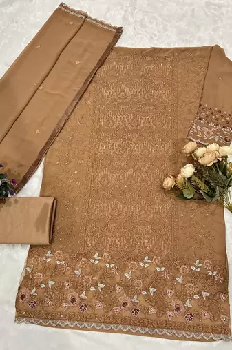 Brown fox georgette suit with embroidered sequin 