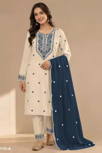 White navy khadi cotton semi stitched suit with embroidery & patch work