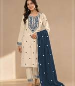 White navy khadi cotton semi stitched suit with embroidery & patch work