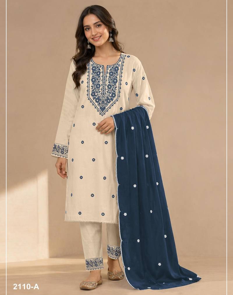 White navy khadi cotton semi stitched suit with embroidery & patch work