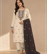 White d purple khadi cotton semi stitched suit with embroidery & patch work