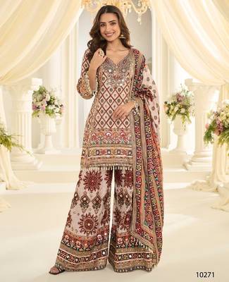 White crep silk free size stitched suit with aari & digital print  1