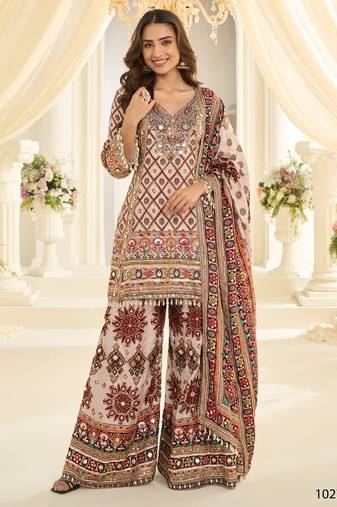 White crep silk free size stitched suit with aari & digital print work