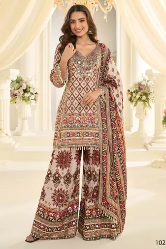 White crep silk free size stitched suit with aari & digital print work