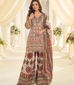 White crep silk free size stitched suit with aari & digital print work