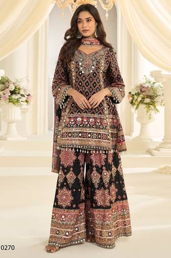 Black crep silk free size stitched suit with aari & digital print work