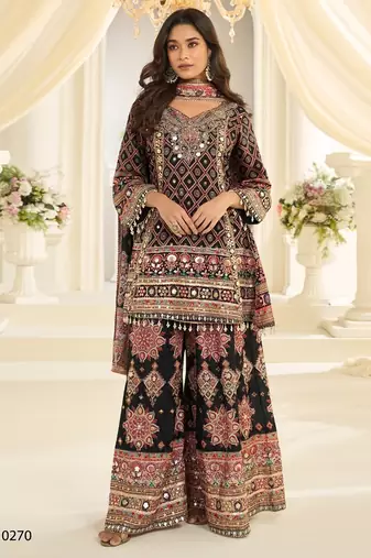 Black crep silk free size stitched suit with aari & digital print work