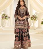 Black crep silk free size stitched suit with aari & digital print work