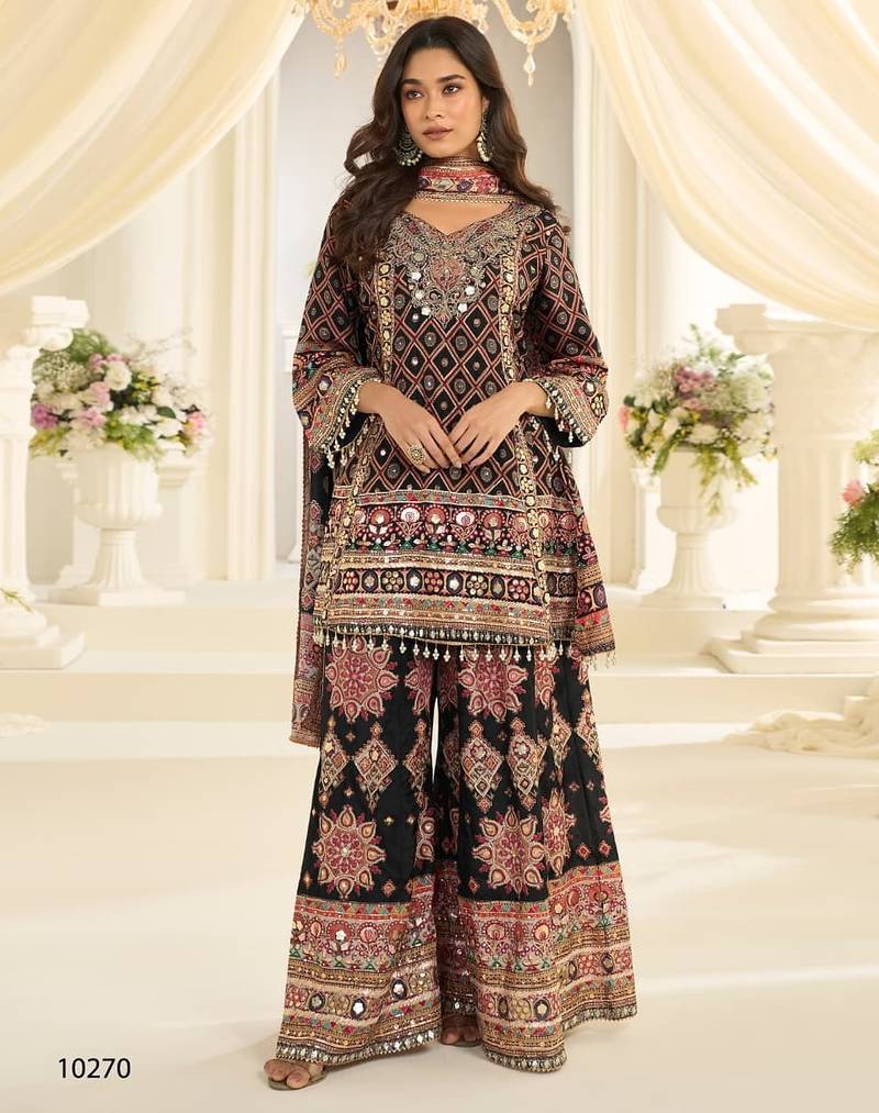 Black crep silk free size stitched suit with aari & digital print work