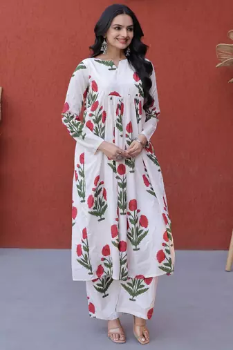 Pink Floral Printed Cotton Casual Wear Kurti With Pant