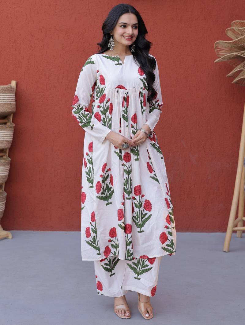 Pink Floral Printed Cotton Casual Wear Kurti With Pant