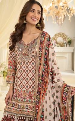 White crep silk free size stitched suit with aari & digital print  2