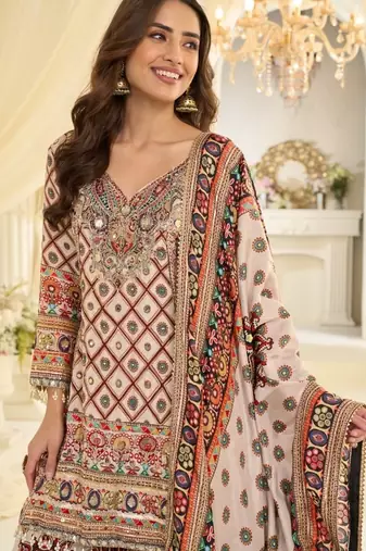 White crep silk free size stitched suit with aari & digital print 