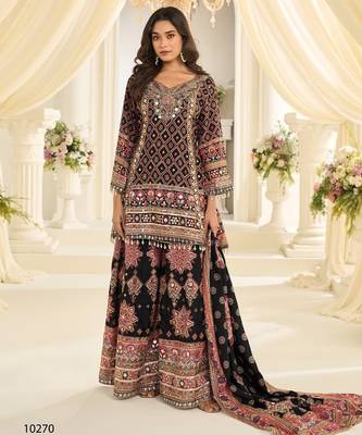Black crep silk free size stitched suit with aari & digital print  2