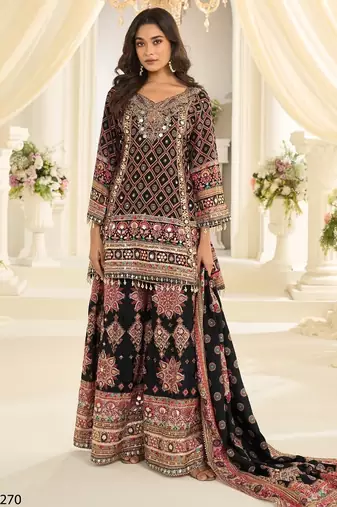Black crep silk free size stitched suit with aari & digital print 