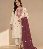 White maroon khadi cotton semi stitched suit with embroidery & patch work