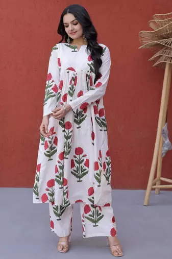 Pink Floral Printed Cotton Casual Wear Kurti With Pant