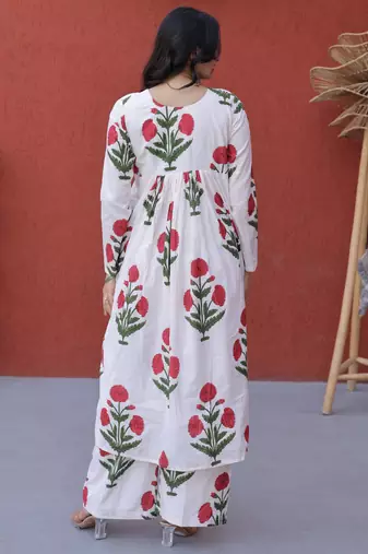 Pink Floral Printed Cotton Casual Wear Kurti With Pant