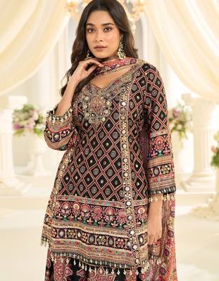 Black crep silk free size stitched suit with aari & digital print  3