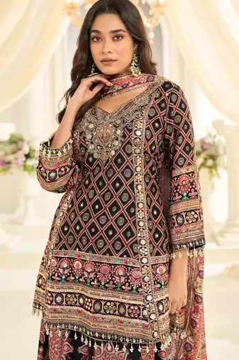 Black crep silk free size stitched suit with aari & digital print 