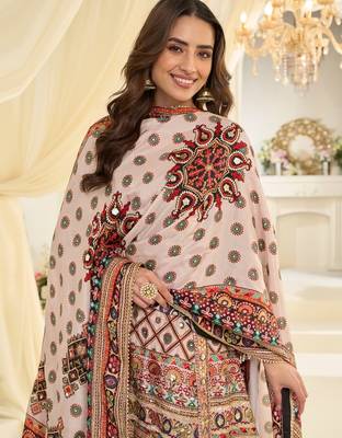 White crep silk free size stitched suit with aari & digital print  3