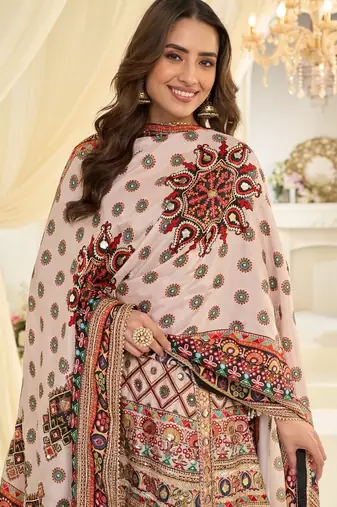 White crep silk free size stitched suit with aari & digital print 