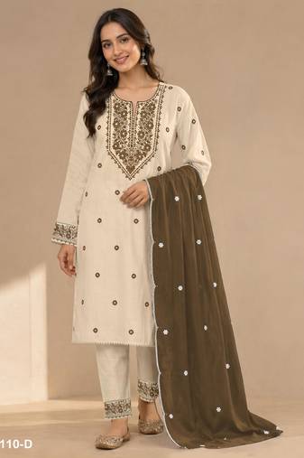 White mehendi khadi cotton semi stitched suit with embroidery & patch work