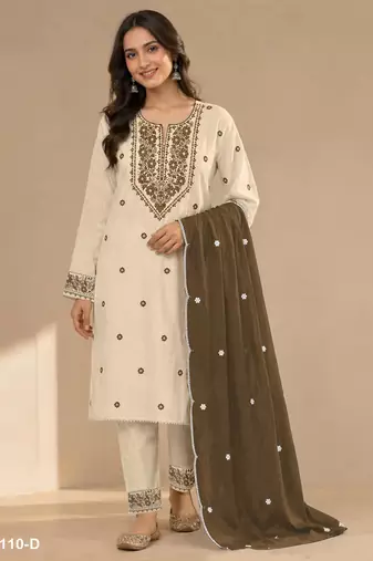 White mehendi khadi cotton semi stitched suit with embroidery & patch work