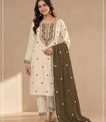 White mehendi khadi cotton semi stitched suit with embroidery & patch work