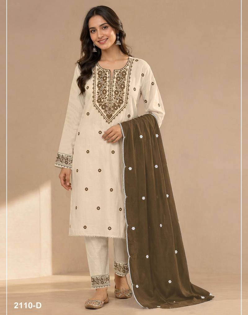 White mehendi khadi cotton semi stitched suit with embroidery & patch work