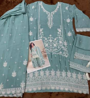 Turquoise chinon free size stitched suit with embroidered sequin  4