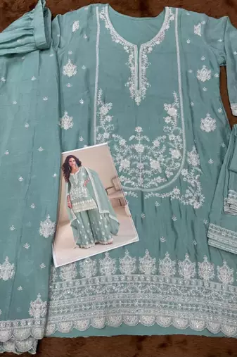 Turquoise chinon free size stitched suit with embroidered sequin 
