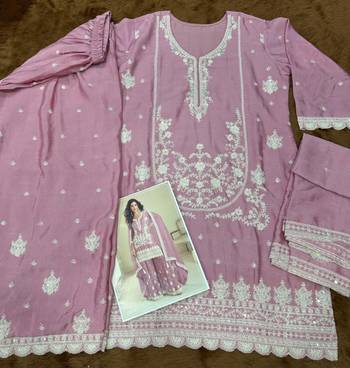 Purple chinon free size stitched suit with embroidered sequin  4