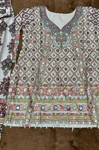 Black crep silk free size stitched suit with aari & digital print 