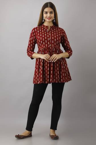 Ftdiva women's maroon printed kruti in rayon