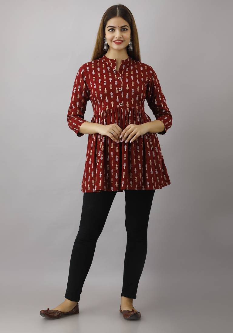 Ftdiva women's maroon printed kruti in rayon